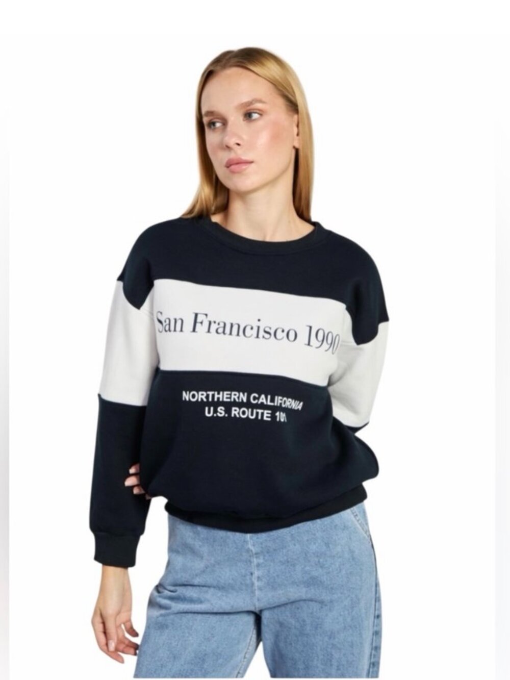 Zara Colorblock 'San Franscisco 1990' Graphic Print Sweatshirt - Navy and White